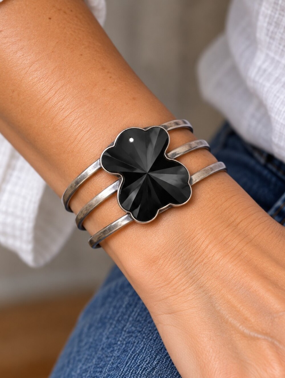 Vintage 925 Sterling Silver Black Onyx Statement Cuff Bracelet